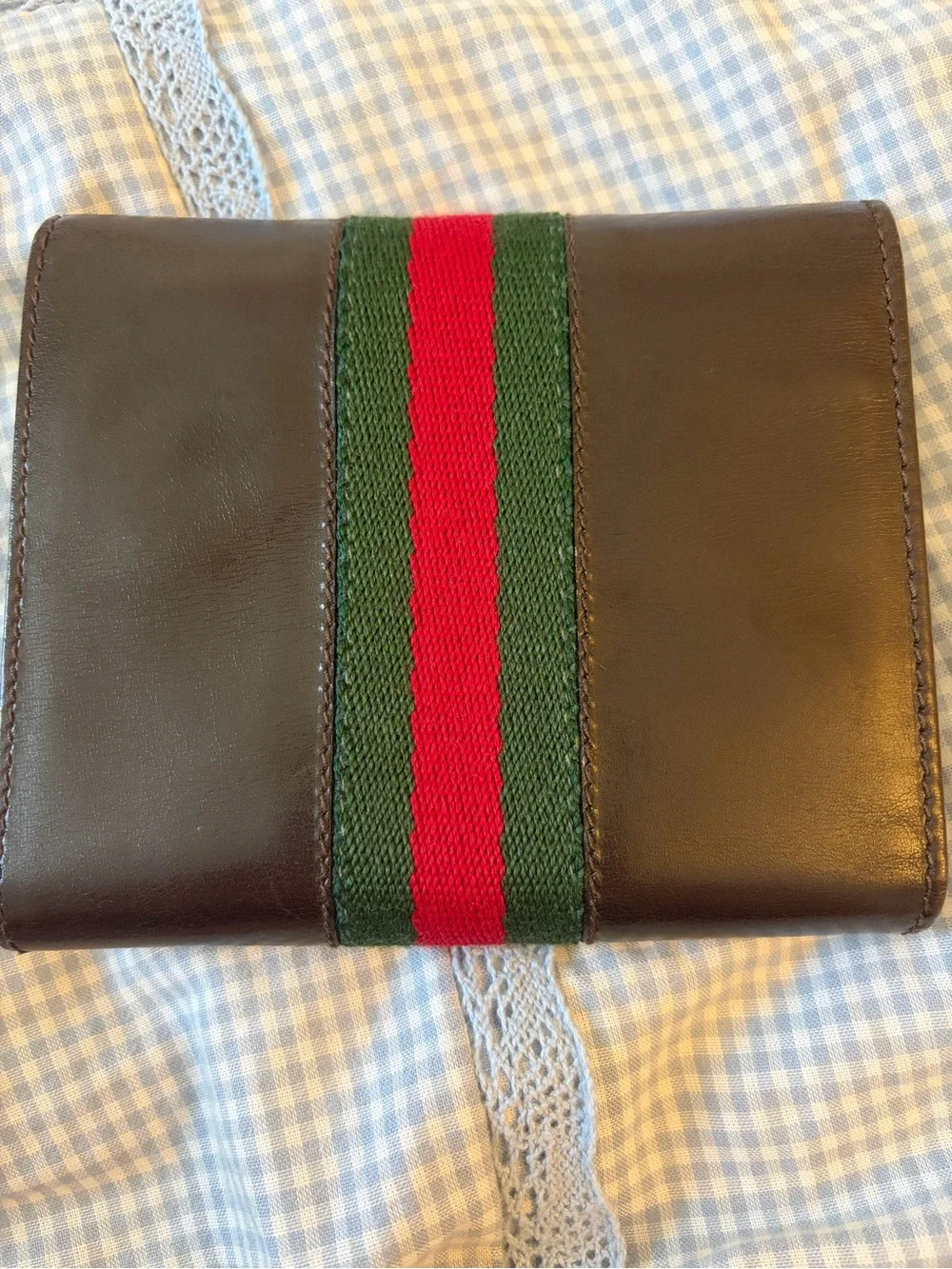 Authentic Vintage Gucci Brown Leather Men’s Wallet with Green & Red Sherry Line